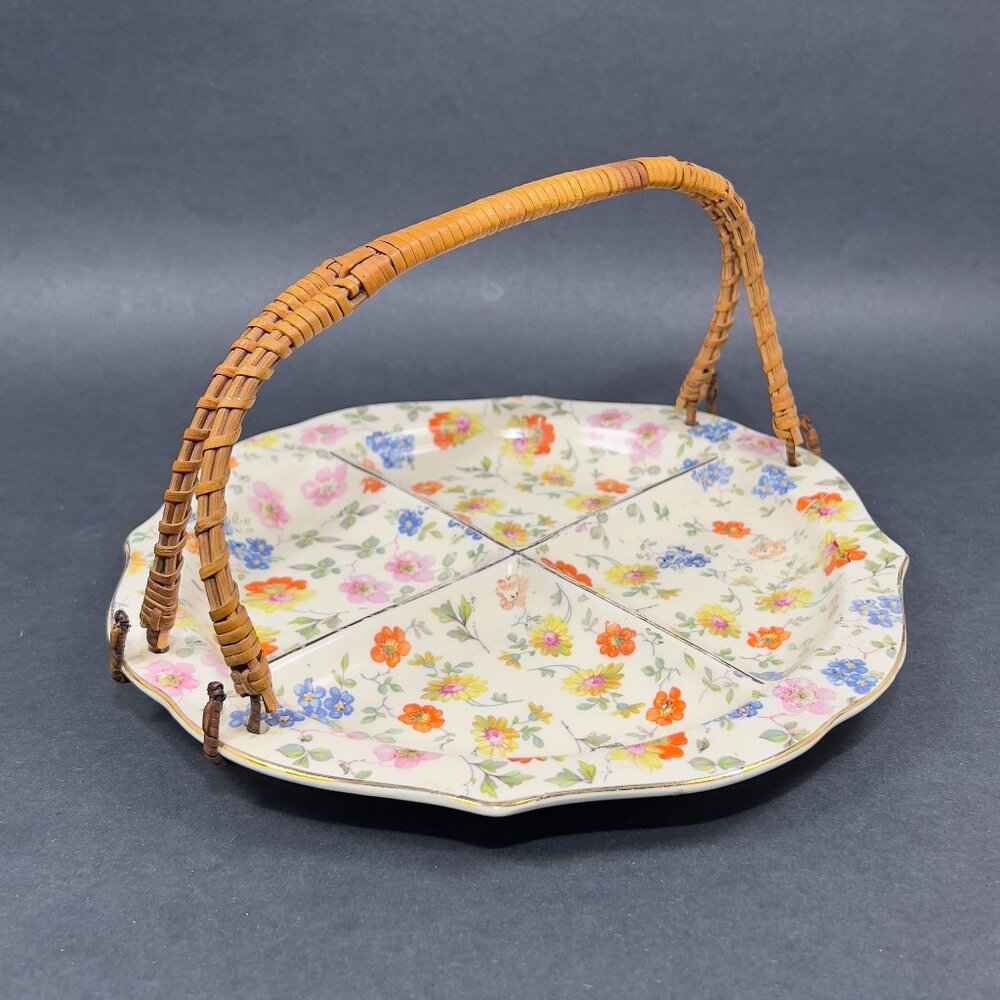 Vtg Erphila Cambridge Cheery Chintz Ceramic Divided Relish Dish Wicker Handle